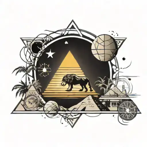 create a tatoo with the basketball as the sun shining over egytian pyramids. include freemasonic symbols and a lion with tattoo design idea