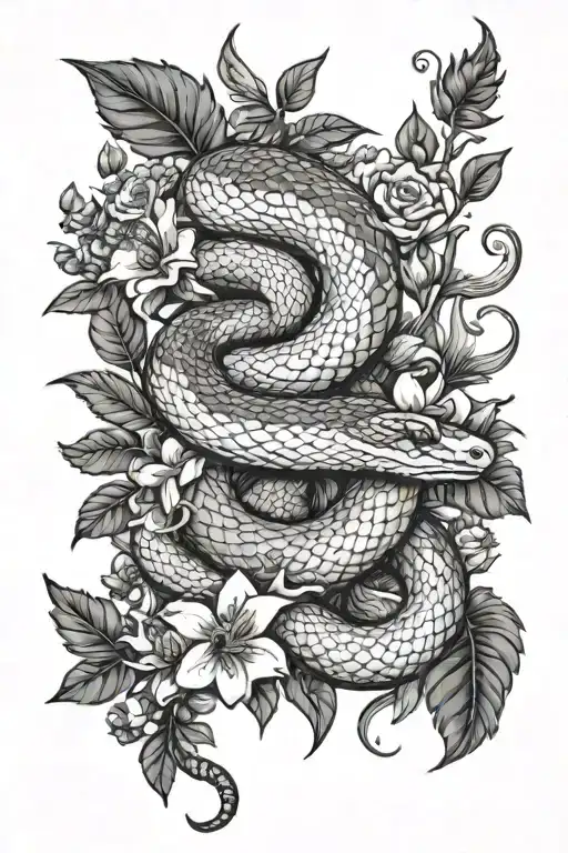 realistic a large snake and small scorpion among flowers. black and white tattoo tattoo design idea