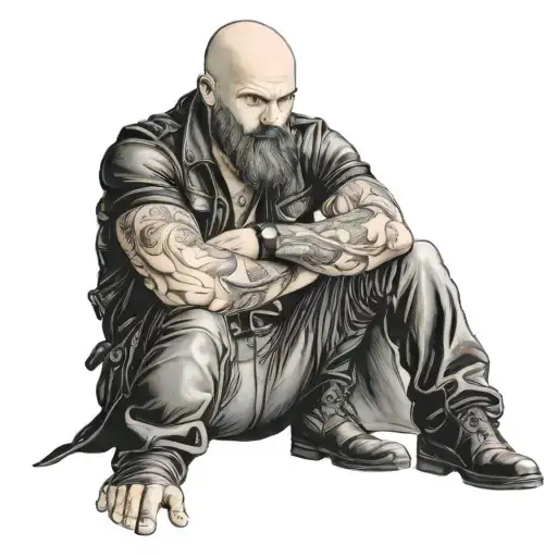 bald man in leather pants only with beard tattoo design idea