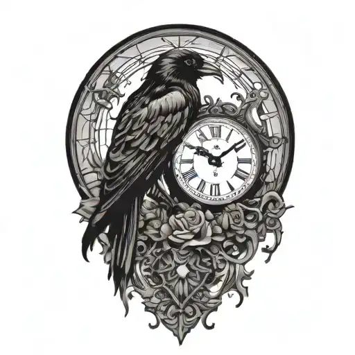 gothic crow clock tattoo design idea