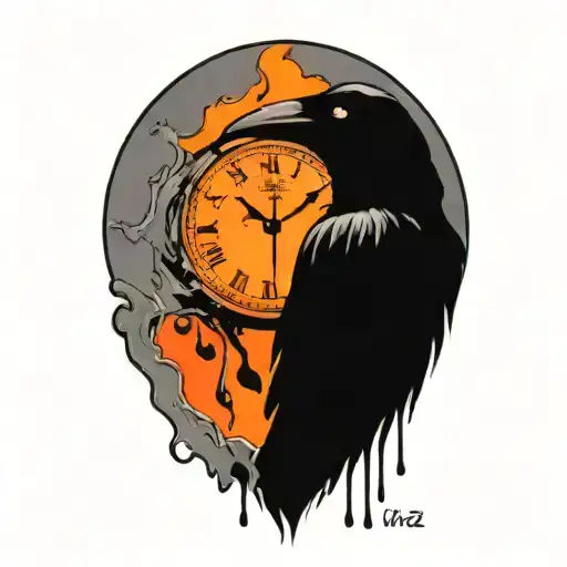 crow clock melting tattoo design idea