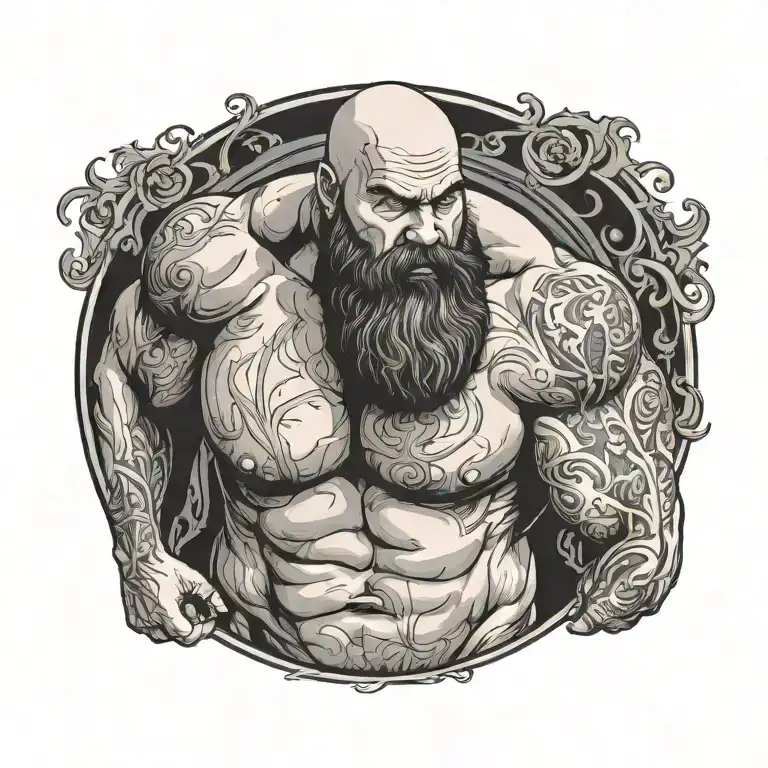 bearded and bald muscle man with belly tattoo design idea