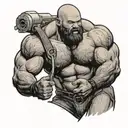 bald gay "muscle bear" with a belly and with no shirt and hairy chest with a full beard in "pinup" style tattoo design idea