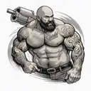 bald gay "muscle bear" with a belly and with no shirt and hairy chest with a full beard in "pinup" style tattoo design idea