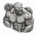 bald gay "muscle bear" with a belly and with no shirt and hairy chest with a full beard in "pinup" style tattoo design idea