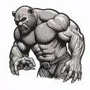 bald gay "muscle bear" with a belly and with no shirt and hairy chest with a full beard in "pinup" style tattoo design idea