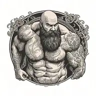 bearded and bald muscle man with belly tattoo design idea