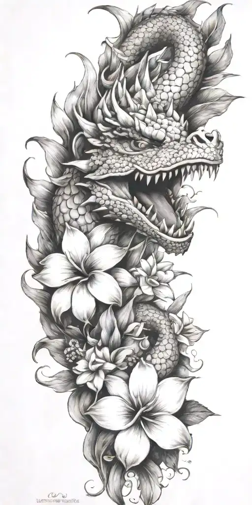 dragon head winding with dragonfruit and plumeria tattoo design idea