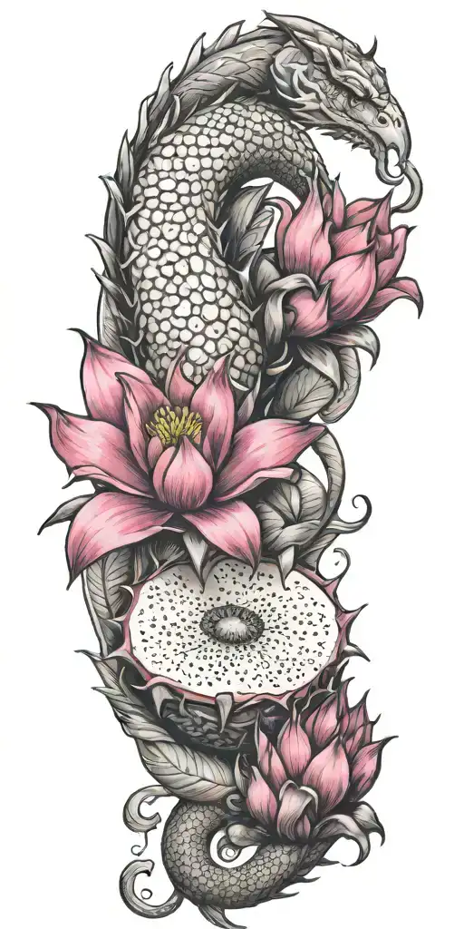 dragonfruit with winding dragon and plumeria  tattoo design idea