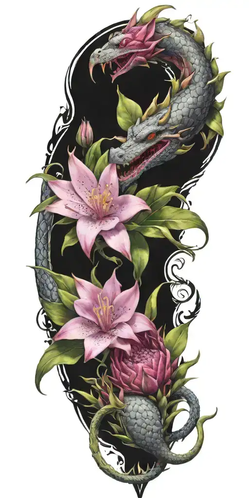 dragonfruit with winding dragon and plumeria  tattoo design idea