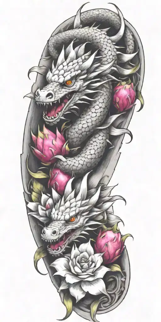 single dragon wrapping around arm with dragonfruit tattoo design idea