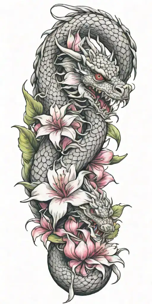 dragon winding with dragonfruit and plumeria tattoo design idea