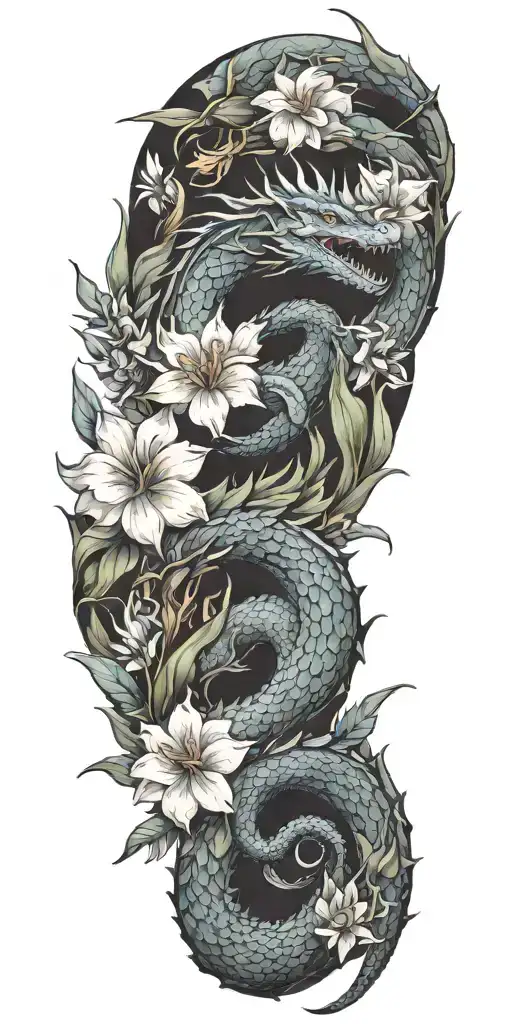 dragon floral tropical tattoo design idea