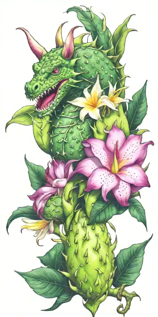 dragonfruit growing on green vine with green dragon head and white plumeria flowers tattoo design idea