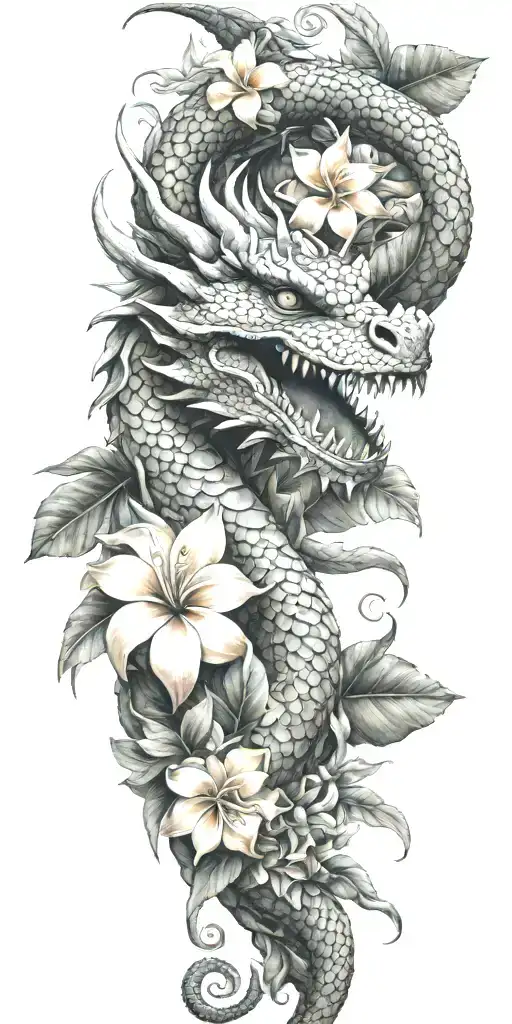 dragon head winding with dragonfruit plant and plumeria flower tattoo design idea