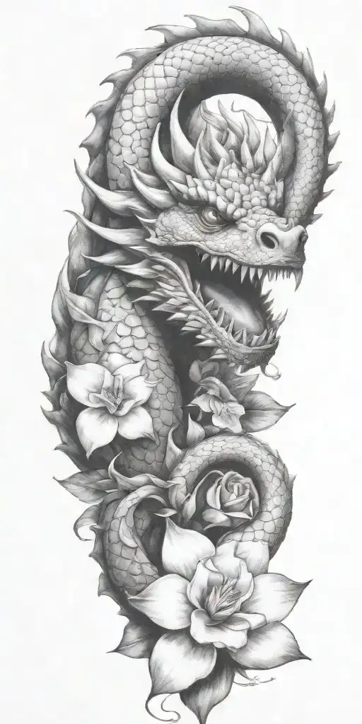 dragon head winding with dragonfruit and plumeria tattoo design idea