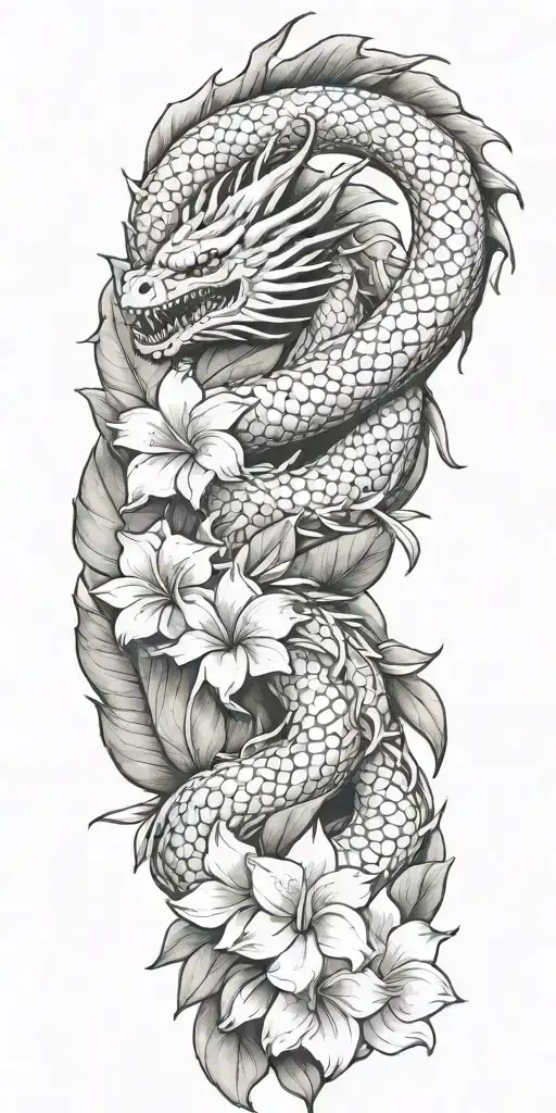 dragon winding with dragonfruit and plumeria tattoo design idea