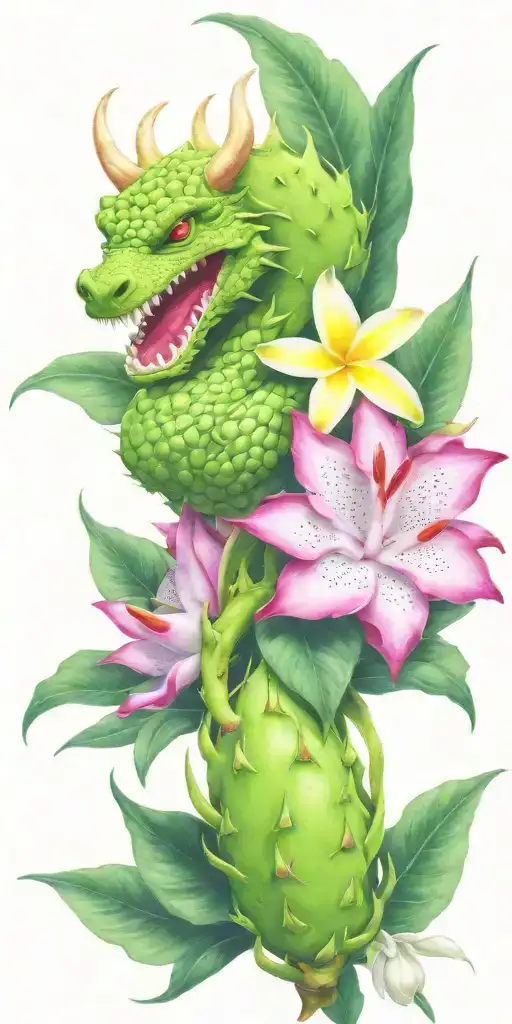 dragonfruit growing on green vine with green dragon head and white plumeria flowers tattoo design idea