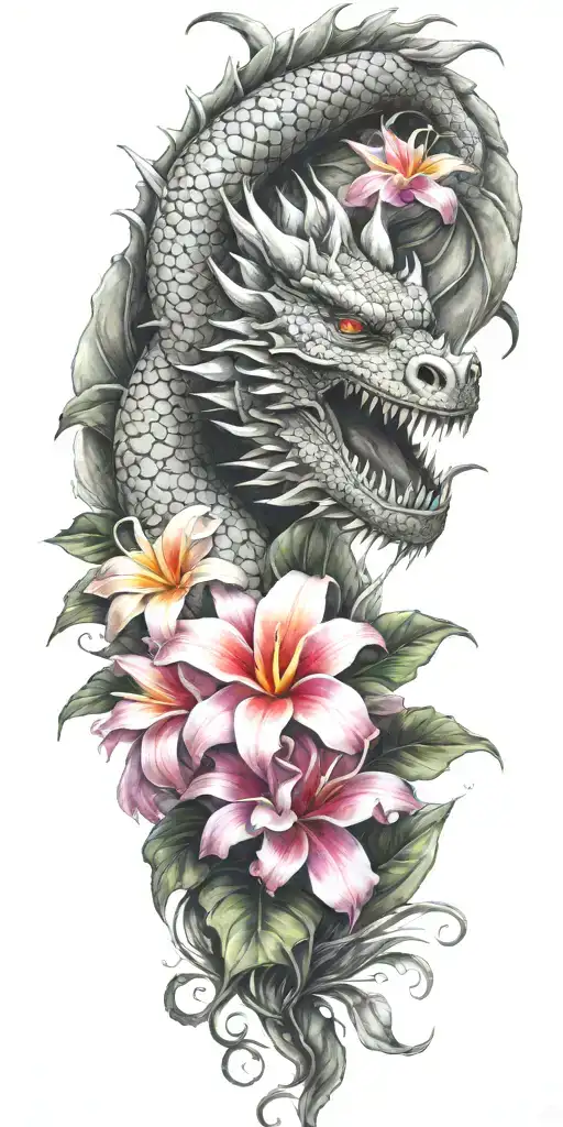 dragon head winding with dragonfruit plant and plumeria flower tattoo design idea