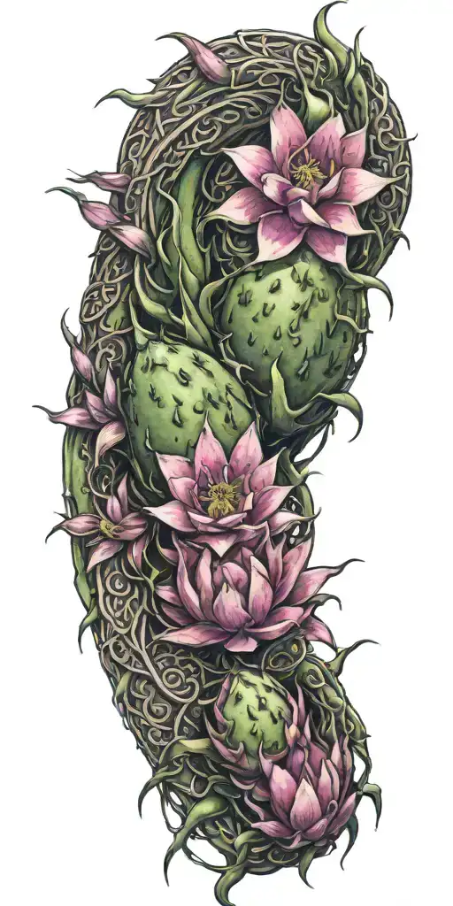 dragon fruit plant with plumeria flowers and a dragon wrapped throughout  tattoo design idea