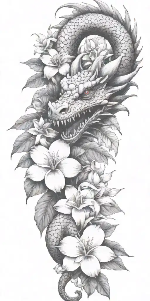 dragon head winding with dragonfruit plant and plumeria flower tattoo design idea
