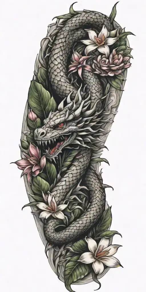 dragon winding with dragonfruit plant and plumeria tattoo design idea