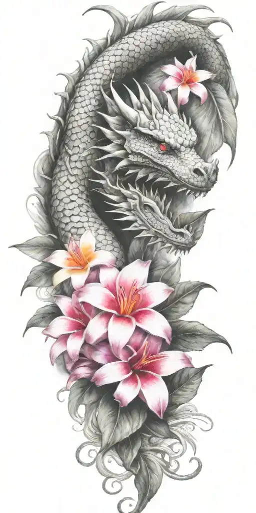 dragon head winding with dragonfruit plant and plumeria flower tattoo design idea