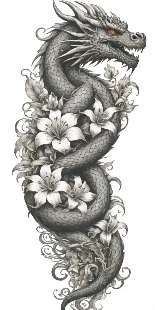 dragon floral tropical plant tattoo design idea