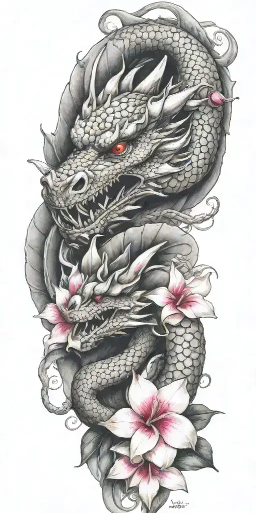 dragon head winding with dragonfruit and plumeria tattoo design idea
