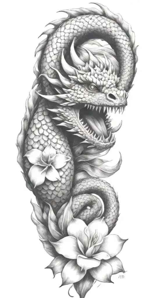 dragon head winding with dragonfruit and plumeria tattoo design idea
