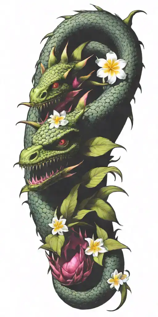 dragonfruit with winding dragon and plumeria  tattoo design idea