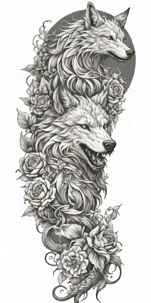 wolf dragon floral tattoo design idea