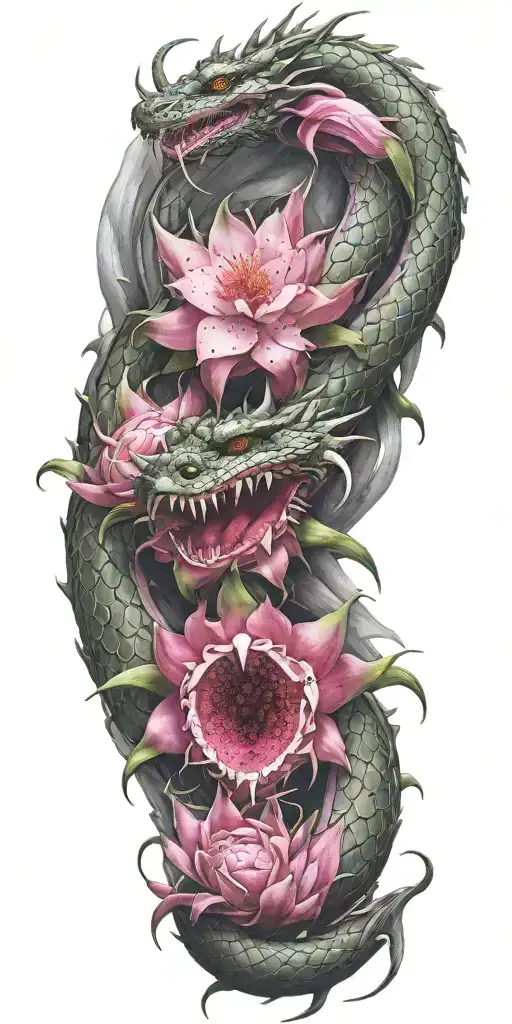 dragon winding with dragon fruit blooming tattoo design idea
