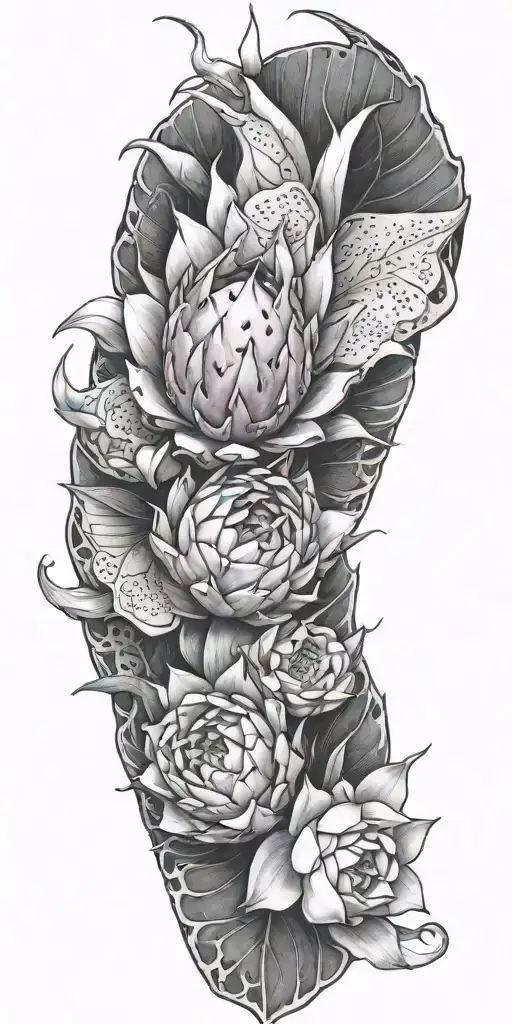 dragonfruit with dragon wrapping around and plumeria  tattoo design idea