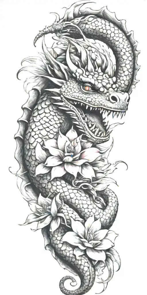 dragon head winding with dragonfruit and plumeria tattoo design idea