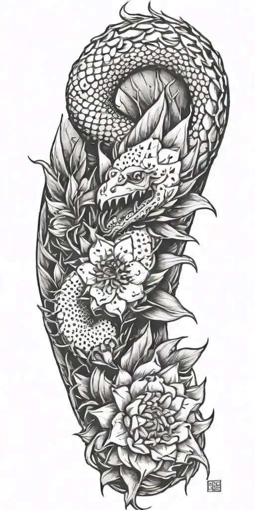 dragonfruit with winding dragon and plumeria  tattoo design idea
