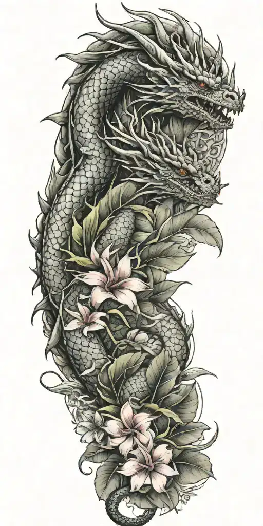 dragon winding with dragonfruit plant and plumeria tattoo design idea