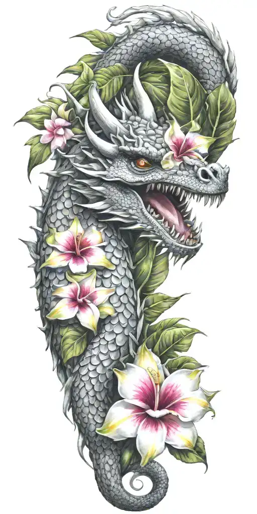 dragon head winding with dragonfruit plant and plumeria flower tattoo design idea