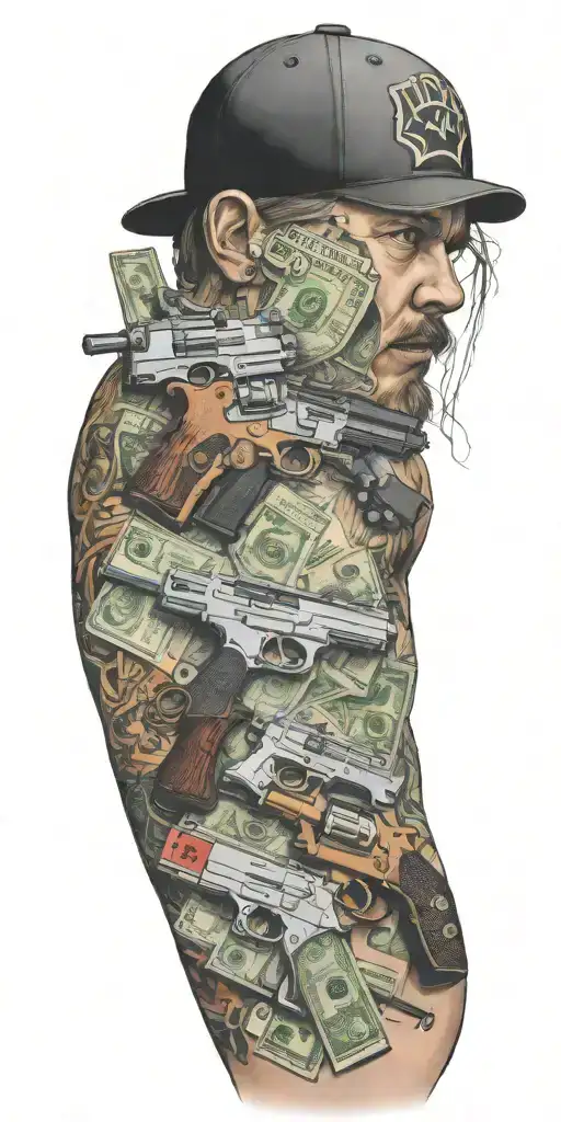 blink182 with guns money drugs tattoo design idea
