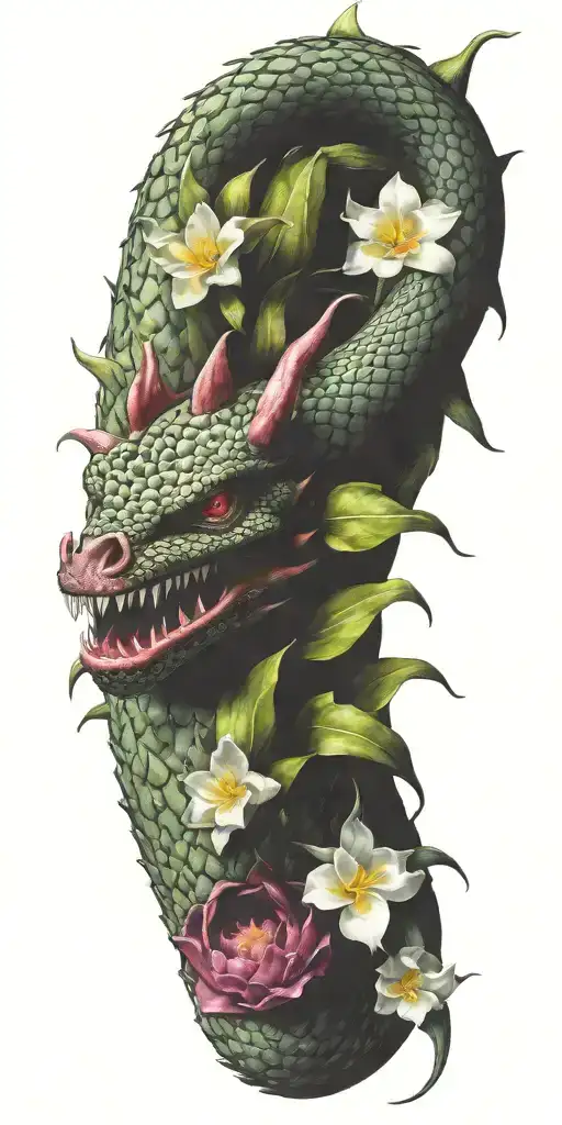 dragonfruit with winding dragon and plumeria  tattoo design idea