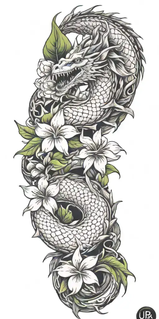 dragon winding with dragonfruit and plumeria tattoo design idea