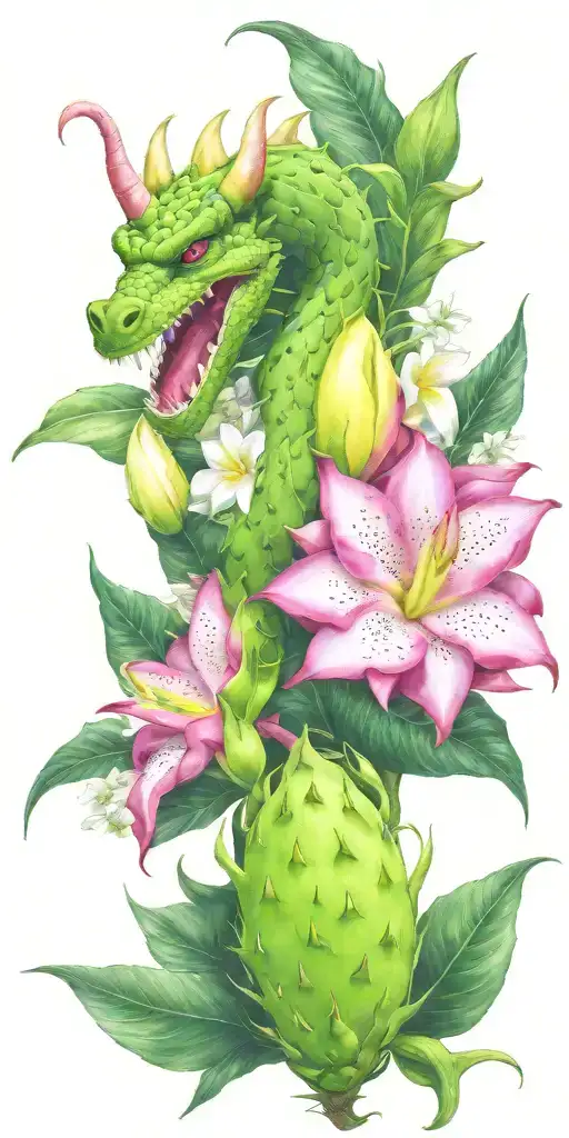 dragonfruit growing on green vine with green dragon head and white plumeria flowers tattoo design idea