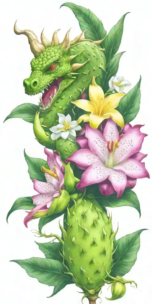 dragonfruit growing on green vine with green dragon head and white plumeria flowers tattoo design idea