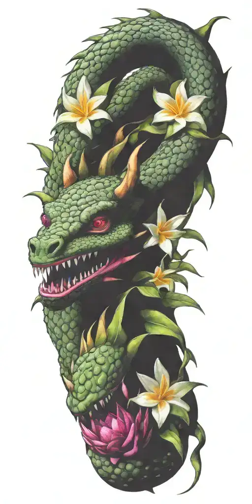 dragonfruit with winding dragon and plumeria  tattoo design idea