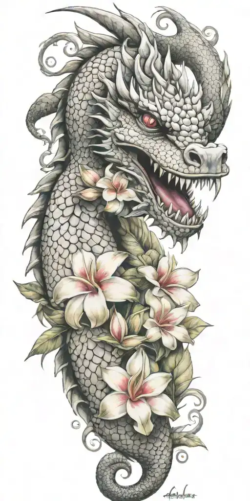 dragon head winding with dragonfruit and plumeria tattoo design idea