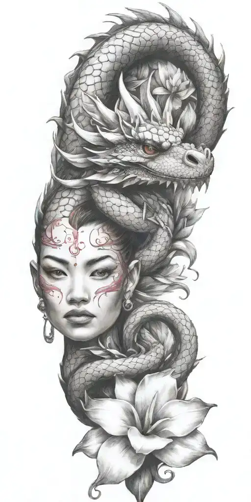 dragon head winding with dragonfruit and plumeria tattoo design idea