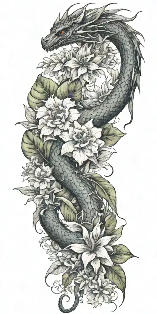 dragon floral design tropical plant tattoo design idea