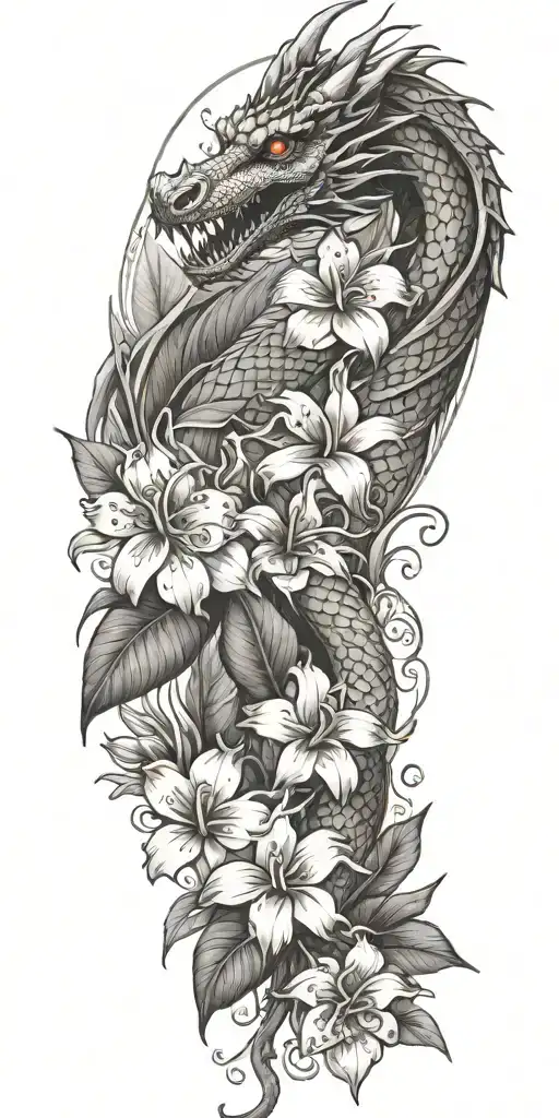dragon floral design tropical flowers tattoo design idea