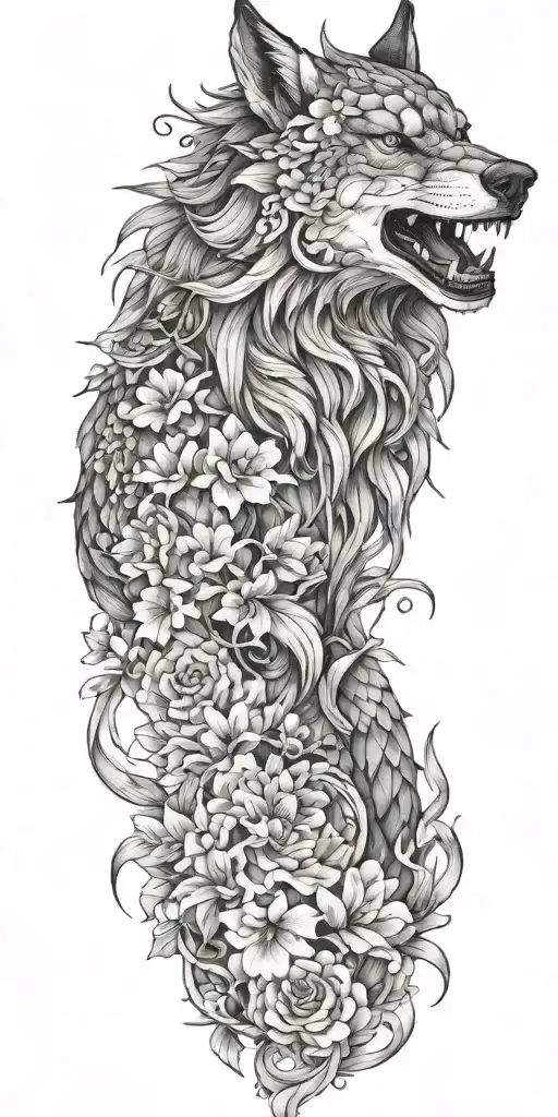 wolf dragon floral tattoo design idea