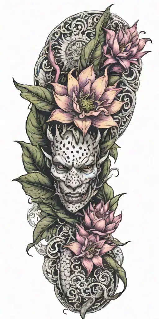 dragonfruit plant winding with dragon head and a plumeria flower tattoo design idea